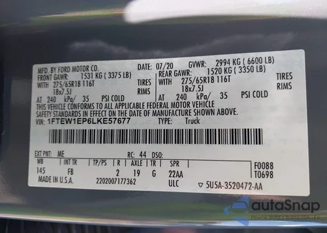 2020 Ford F-150 Xlt из США, поврежденный, VIN 1FTEW1EP6LKE57677